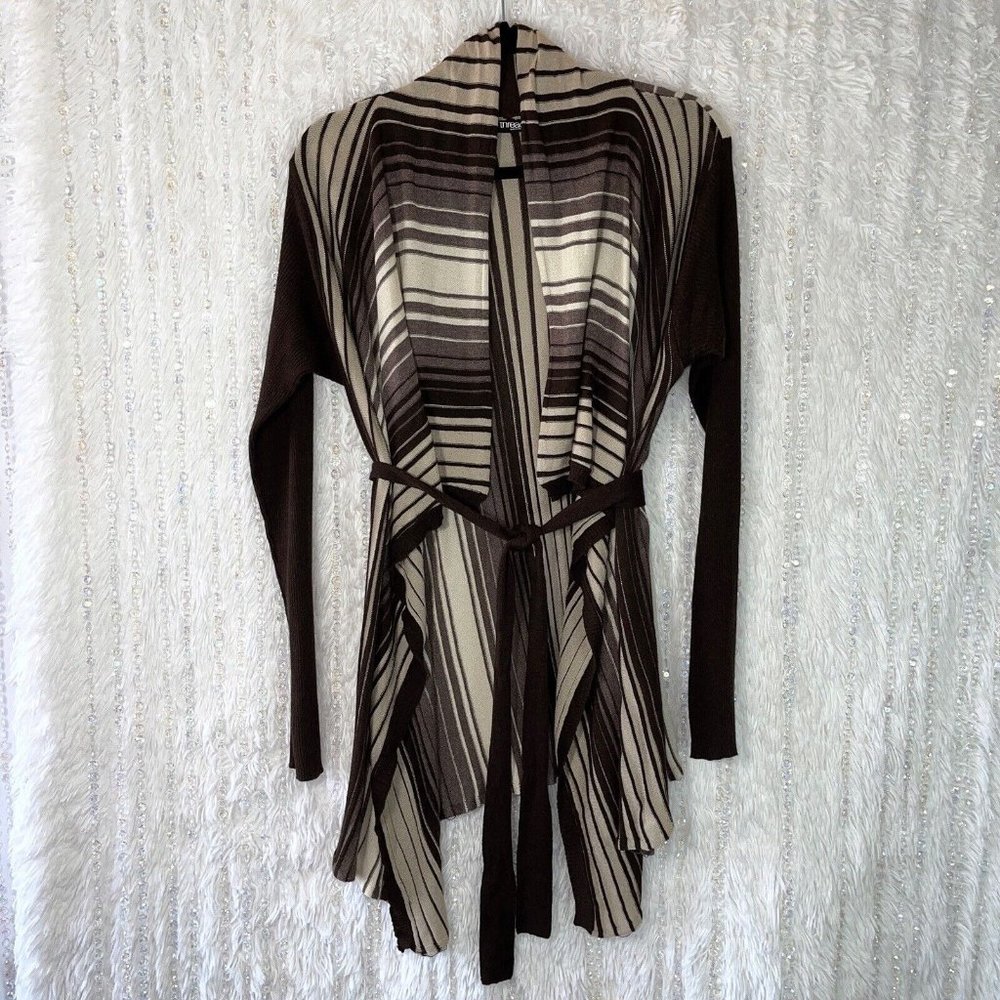 THREADS Open Drape Belted Cardigan Sweater Womens LARGE Light Knit Brown Striped